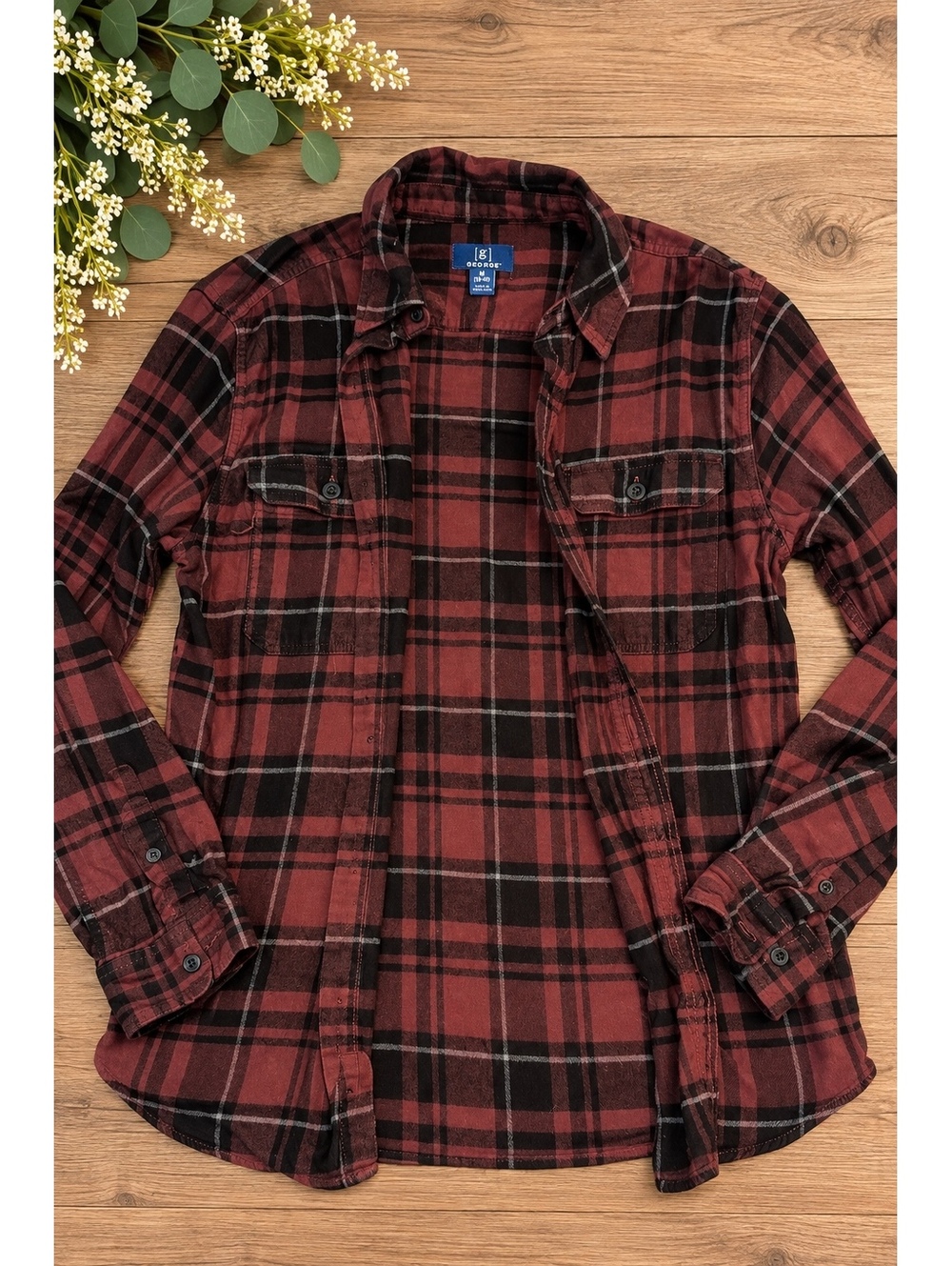 George Men's Red and Black Plaid Button-Up Shirt Size L